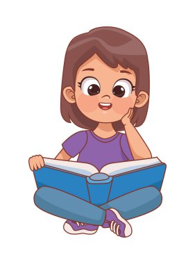 Küçük kız oturmuş kitap okuyor.