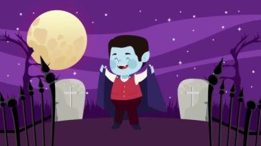 Gece mezarlıkta Dracula kılığına girmiş çocuk.