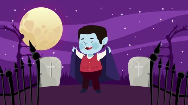 Criança disfarçada de dracula no cemitério à noite — Vídeo de Stock