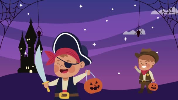Niños disfrazados de personajes piratas y vaqueros — Vídeos de Stock