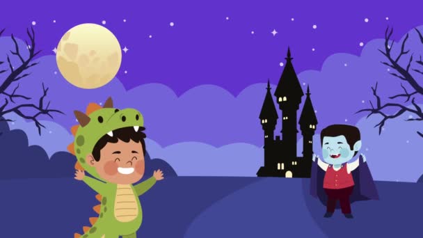 Kinderen vermomd als dino en dracula personages — Stockvideo