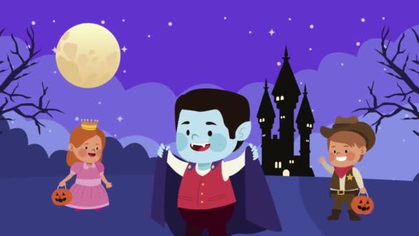 Kinder verkleidet als Prinzessin mit Dracula und Cowboy — Stockvideo