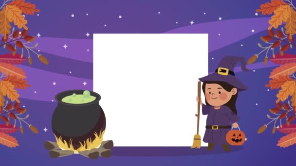 Child disguised as witch with cauldron — Stock Video