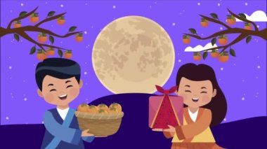 Mutlu Chuseok kutlamaları Asyalı çift ve dolunay ile