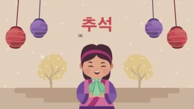 Mutlu chuseok mektupları şirin Asyalı kız ve lambalarla