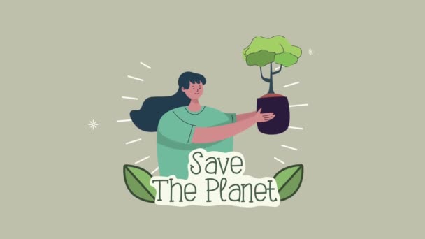 Bespaar de planeet belettering met vrouw tillen plant — Stockvideo