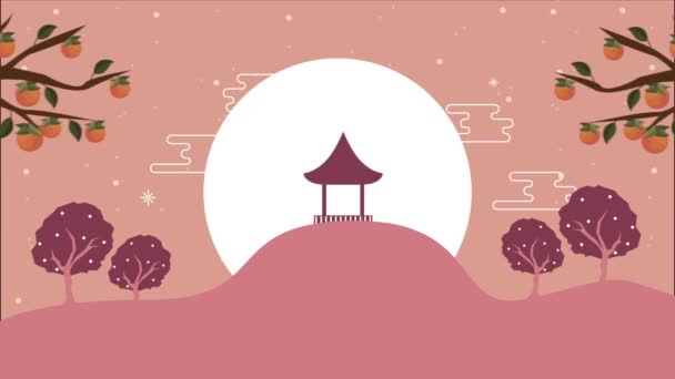 Animación feliz celebración chuseok con árboles de pagoda y naranjas — Vídeos de Stock