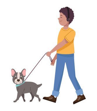 Afro adam köpekle yürüyor.