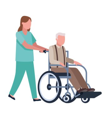 Hemşire ve büyükbaba tekerlekli sandalyede.