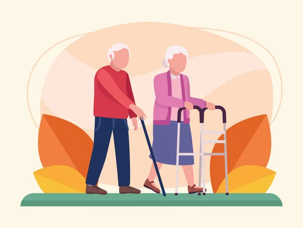 Büyükanne ve büyükbaba yürüyor. — Stok Vektör