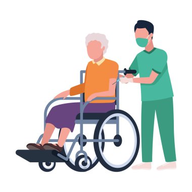Tekerlekli sandalyede büyükannesi olan hemşire