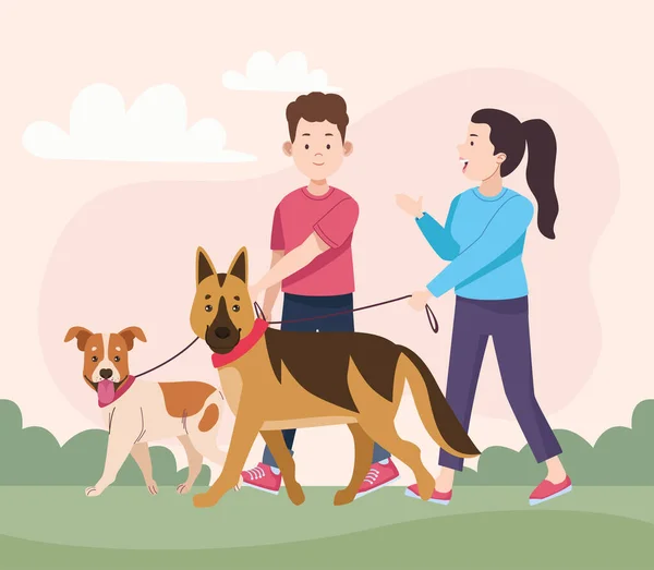 Couple walking with mascots — Stock Vector