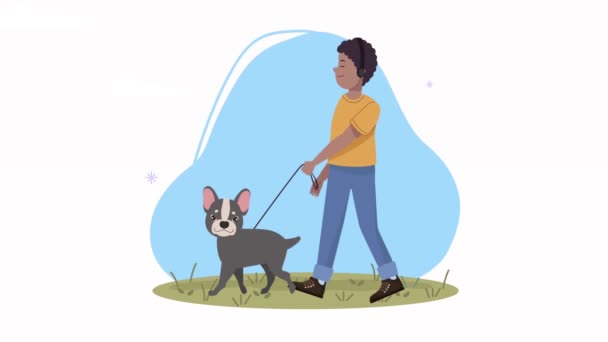 Bulldog francês com proprietário andando animação — Vídeo de Stock