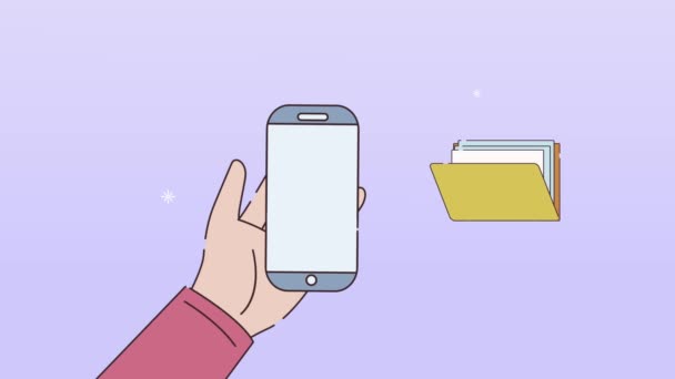 Mano usando smartphone con animación de carpetas — Vídeo de stock