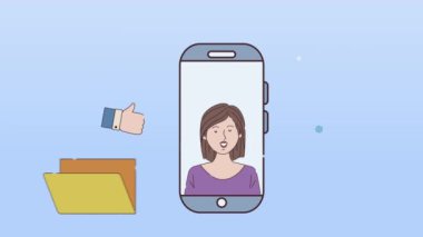 Cep telefonu ve simgelerdeki kadınla dijital çalışma animasyonu