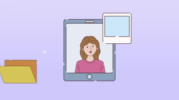 Digitaal werk animatie met vrouw in tablet en bestanden — Stockvideo