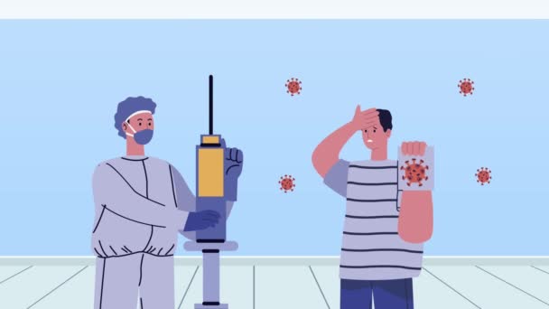 Covid19 virus deeltjes animatie met arts vaccinatie van de mens — Stockvideo