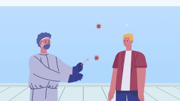 Covid19 vírus részecskék animáció orvos tesztelés az ember — Stock videók