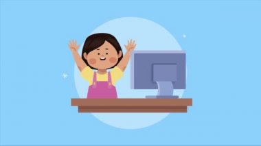 Küçük kız online sınıf animasyonunda kutlama yapıyor.