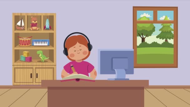 Petite étudiante fille avec ordinateur elearning scène — Video