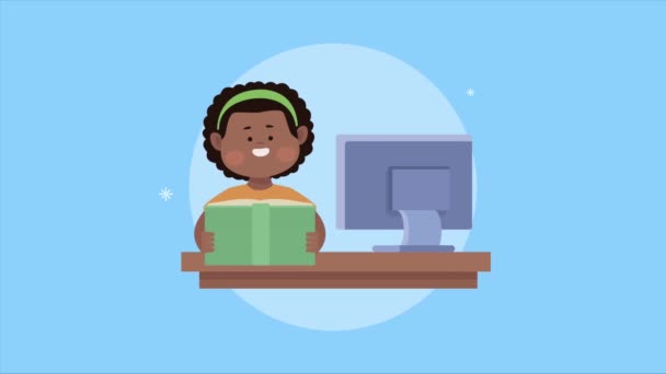 Afro little student girl reading book with desktop — Stock Video