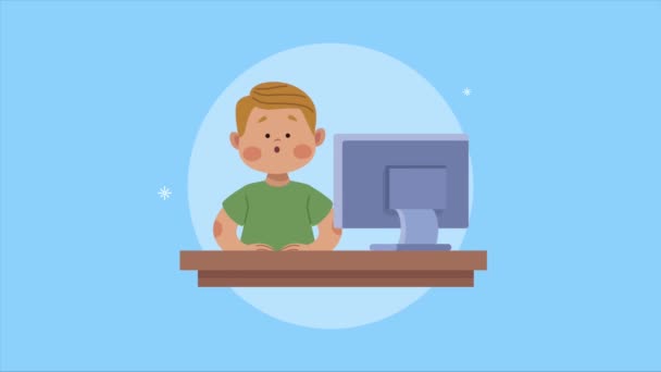 Kleine student jongen met desktop animatie — Stockvideo