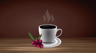 Kahve içecek animasyonu. Kabın içinde taneler ve yapraklar var.