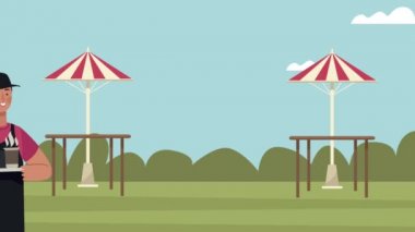 Manzarada çalışan kadın işçilerle kahve dükkanı animasyonu.