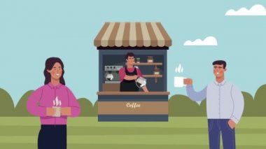 İşçilerin ve müşterilerin olduğu kafe animasyonu