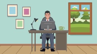 Masaüstü ofis sahnesinde çalışan iş adamı