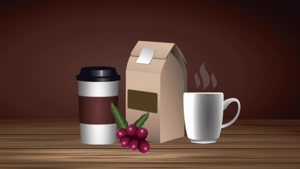 Café animation boisson avec sac et icônes dans la table — Video