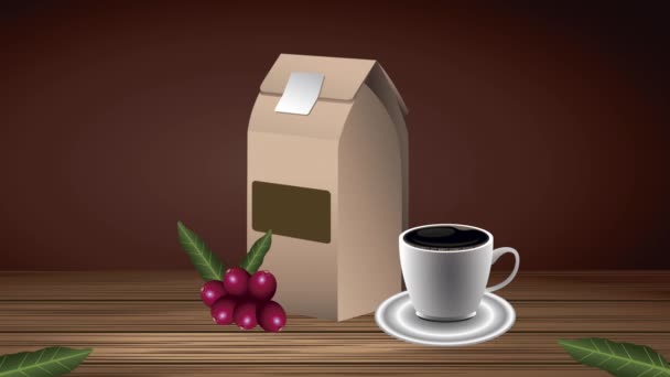 Animación de bebidas de café con taza y bolsa en la mesa — Vídeo de stock