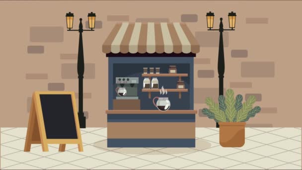 Анимация в кафе с полками и сценой на доске — стоковое видео