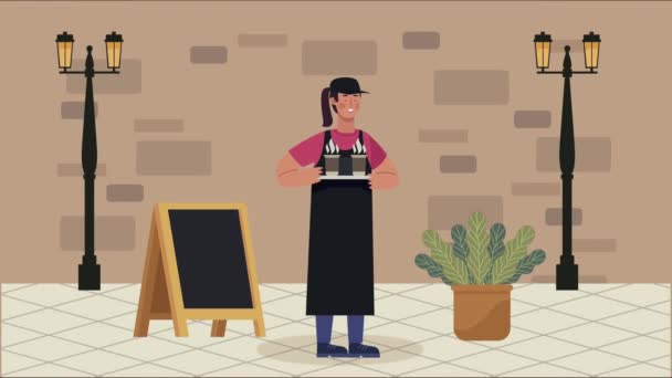 Coffee shop animation with female worker scene — Stock Video