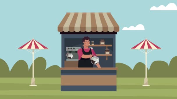 Coffee shop animation with worker in kiosk scene — Stock Video