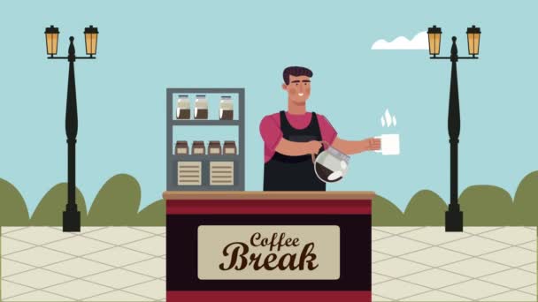 Animazione caffetteria con operaio in chiosco scena di strada — Video Stock