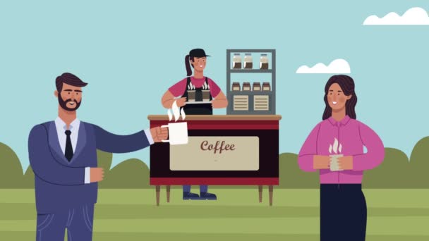 Анімація кав'ярні з клієнтами та робочою сценою — стокове відео