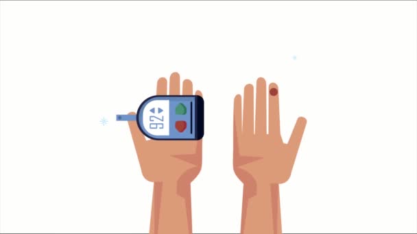 Animación de la enfermedad de la diabetes con manos levantando glucosímetro — Vídeo de stock