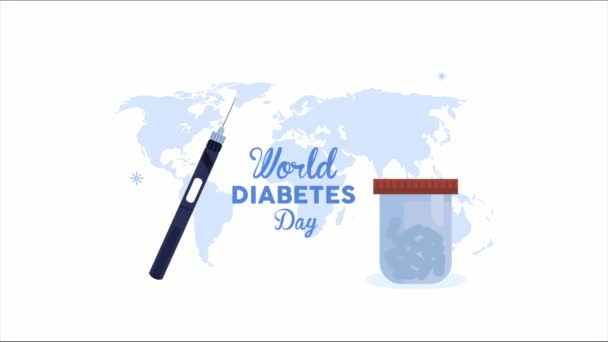 Schriftzug zum Weltdiabetestag mit Insulin und Pillen — Stockvideo