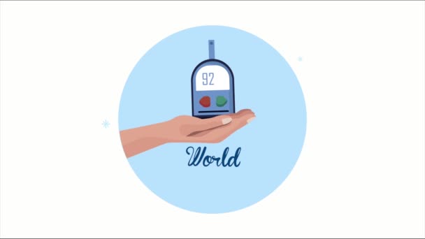 World diabetes day lettering with hand lifting glucometer — Stock Video