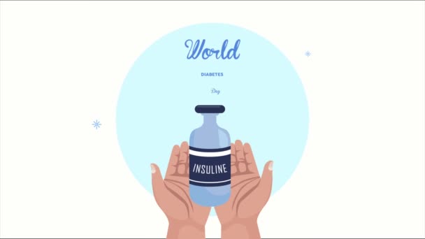Παγκόσμια ημέρα διαβήτη γράμματα με ινσουλινικό μπουκάλι — Αρχείο Βίντεο