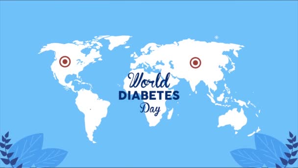 Letras del día mundial de la diabetes con mapas del planeta tierra — Vídeo de stock