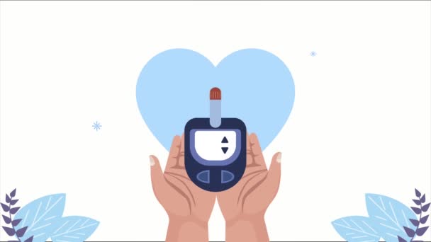 Cukorbetegség animáció kezek emelése glucometer és a szív — Stock videók
