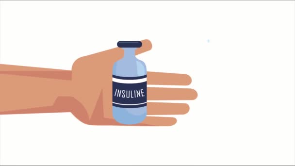 Diabetes ziekte animatie met de hand tillen insuline fles — Stockvideo