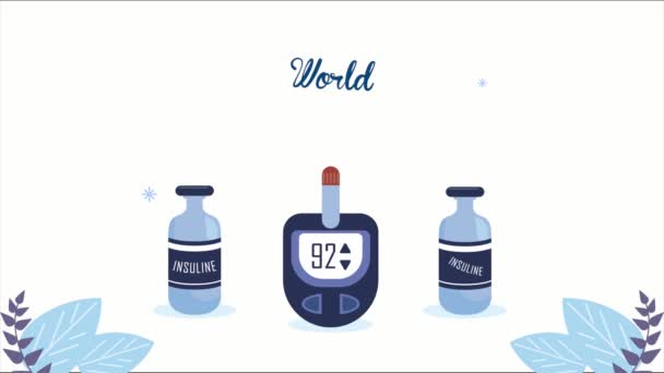 World diabetes day lettering with glucometer and insuline bottles — Stock Video