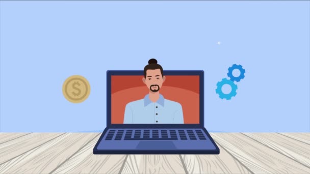 Jonge zakenman in laptop met zakelijke iconen — Stockvideo