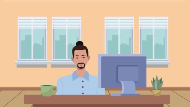 Young businessman working in desktop — Stock Video