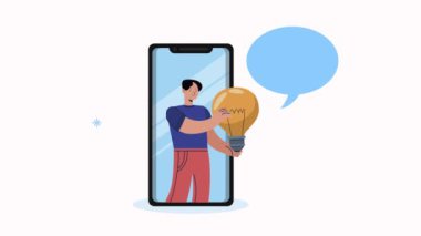Genç adam akıllı telefon animasyonunda ampul kaldırıyor.