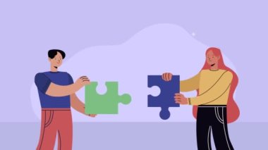 Yapboz parçaları olan genç çift karakter animasyonu