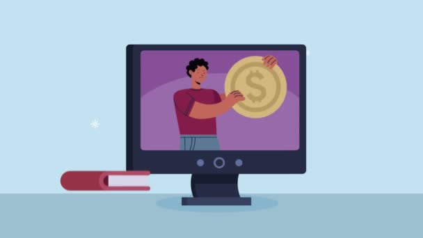 Junger Mann mit Münze in Desktop-Animation — Stockvideo